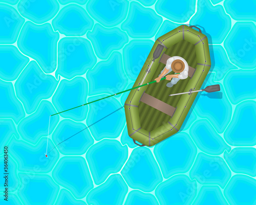 A fisherman in a rubber inflatable boat. Top view.