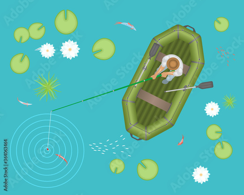 A fisherman in a rubber inflatable boat on a lake with lotuses. Top view.