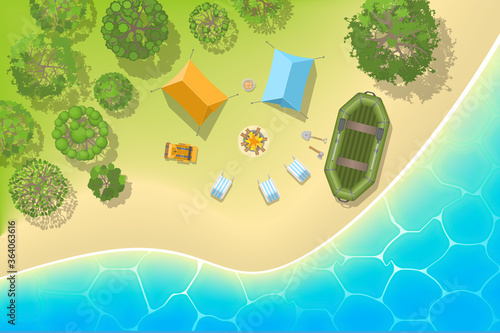 Camping with tents, a fire and a rubber inflatable boat on the beach. Top view.