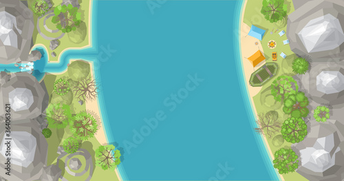 Camping with tents, a fire and a rubber inflatable boat on the beach. Top view.