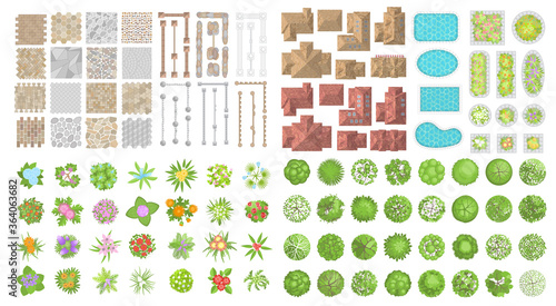 Set of landscape elements. Houses, architectural elements, plants. Top view. Pavement, fence, houses, swimming pools, trees and flowers. View from above. 