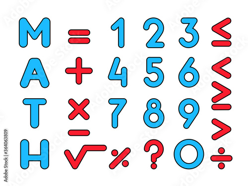 Mathematics, Prime numbers, and mathematical signs and symbols. Set of vector, isolated.