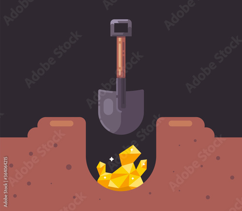 dig a hole with a shovel and find gold. treasure hunt in the earth. flat vector illustration.