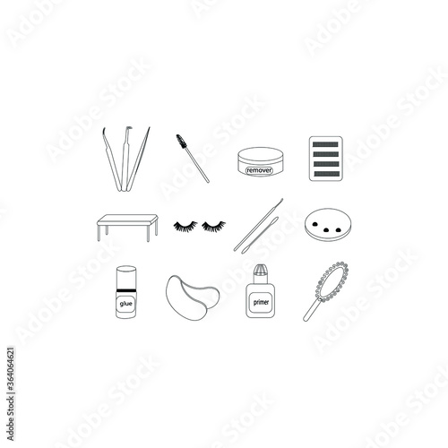 set of vector icons on the subject of eyelash extensions, tools and all that is needed