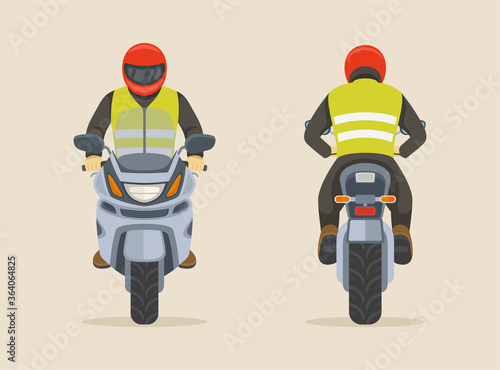 Isolated man in a red helmet riding motorcycle. Front and back view. Flat vector illustration. 