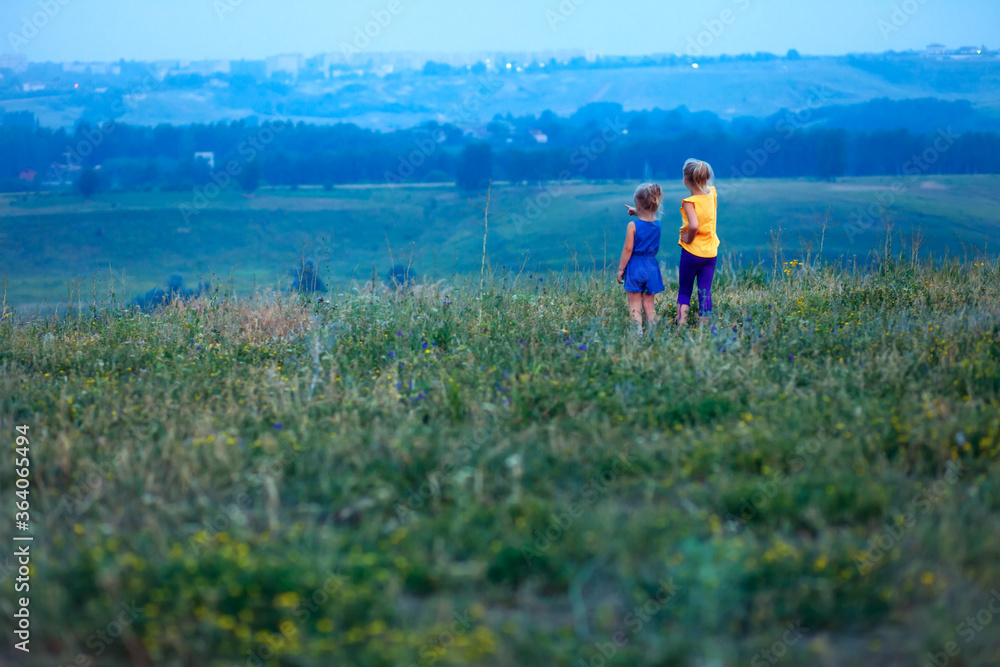 Two children in the summer stand in a field on a hill and look into the distance. Future vision concept. Walks in the open air. Family, little sisters walk and play together