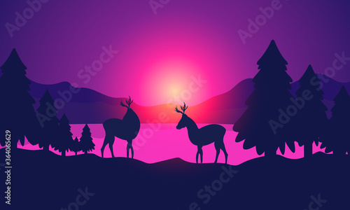 Two deer near a lake in the mountains  vector art illustration.