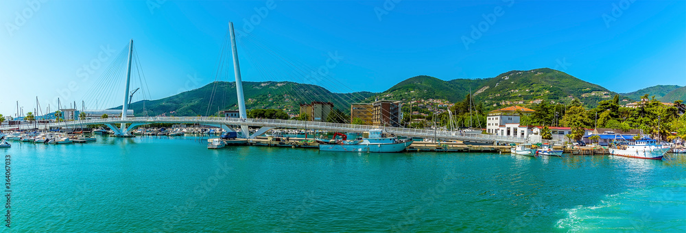 A panorama view of the marina bridge in La Spezia, Italy in summertime