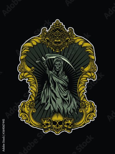 artwork illustration and t-shirt design reaper in frame border ornament premium vector