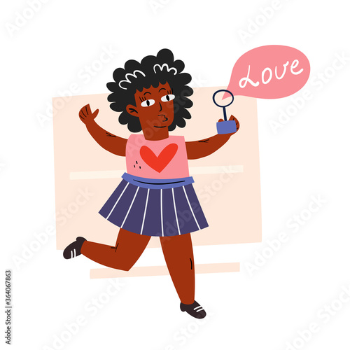 Afro American child, girl with soap bubble. Dark skin color. No racism. Human rights. Flat vector illustration, icon, sticker. Isolated on background.