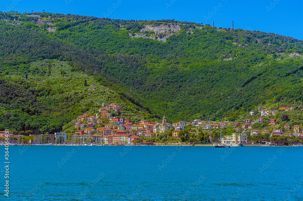 A panorama view towards Fezzano bordering La Spezia, Italy in the summertime