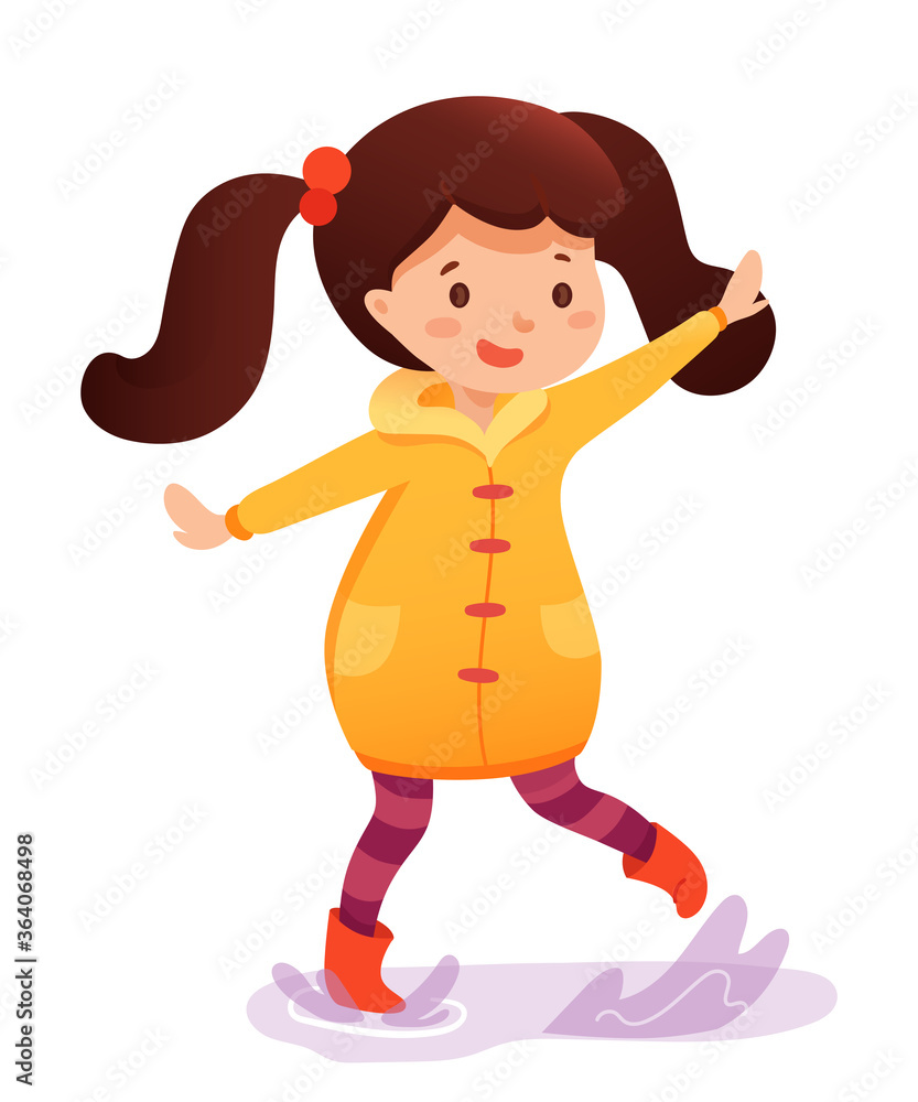 Girl splashing in puddle flat vector illustration Girl splashing in puddle flat vector illustration