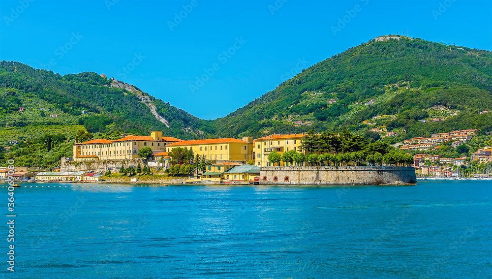 A panorama view towards La Grazie between La Spezia and Porto Venere, Italy in the summertime