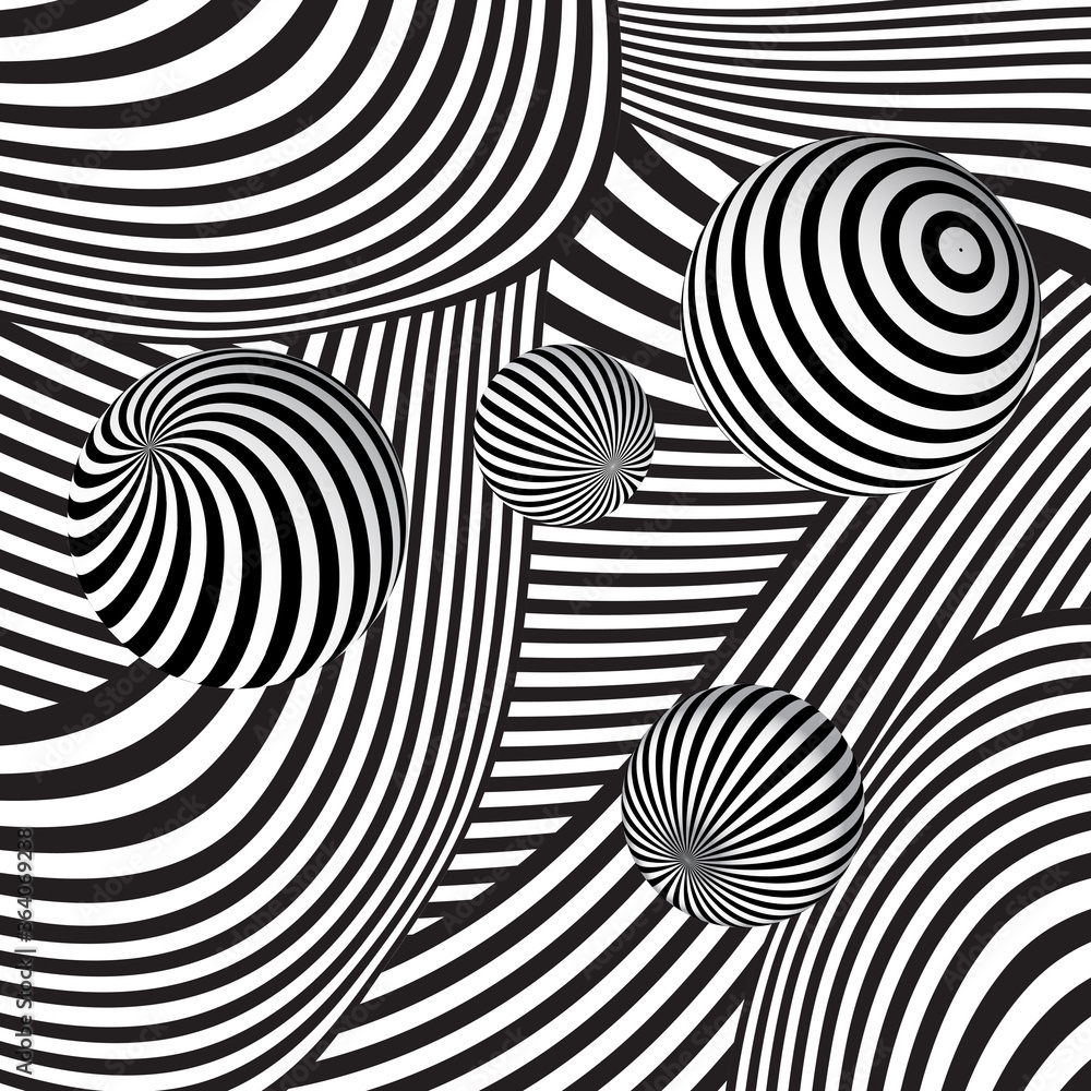 Abstract 3d effect background with striped black and white spheres.