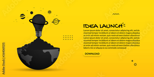 Light bulb launching out from earth on yellow background, creative idea concept