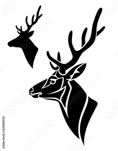 antler deer profile head - side view black and white vector portrait of buck with large horns