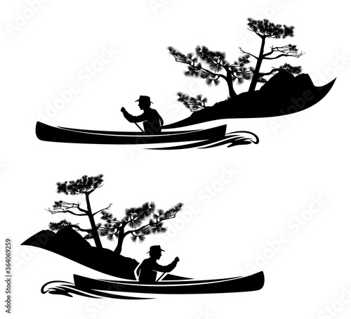 man rowing in canoe boat with pine tree shore line - boat travelling black and white vector outline set