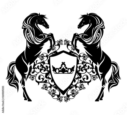 pair of horses holding royal heraldic shield with crown and rose flower decor - black and white vector coat of arms design