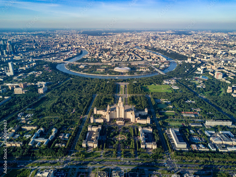 An aerial view taken with a drone shows Moscow State University and Luzhniki stadium