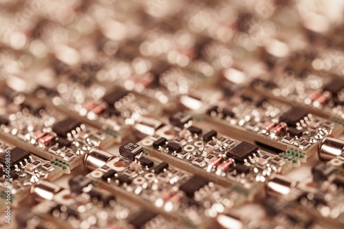 Closeup small microcircuits lie next to each other