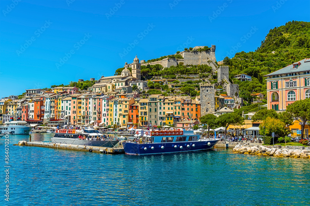 A view across the port of Porto Venere, Italy from a boat in the summertime