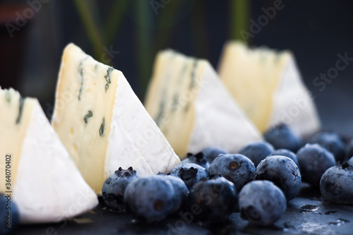 Bavarian Blue Cheese - German blue cheese with blueberries. selective focus. soft cheese with blueberries.