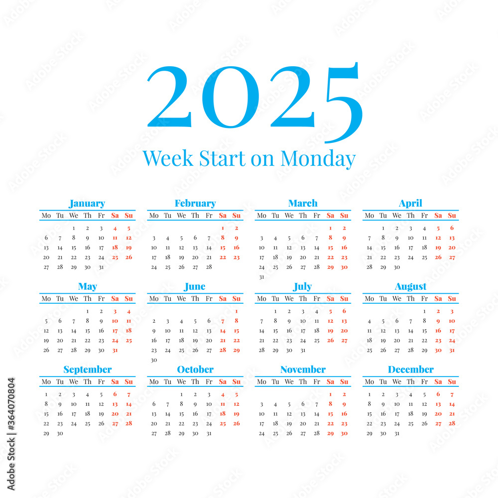 2025 Classic calendar. Week days start on Monday 2025 Classic calendar. Week days start on Monday