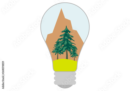 Bombilla con un paisaje montañoso y pinos dentro.