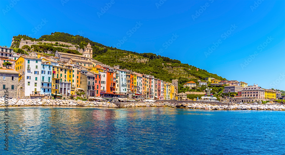 A view looking back to the harbour and town of Porto Venere, Italy in the summertime