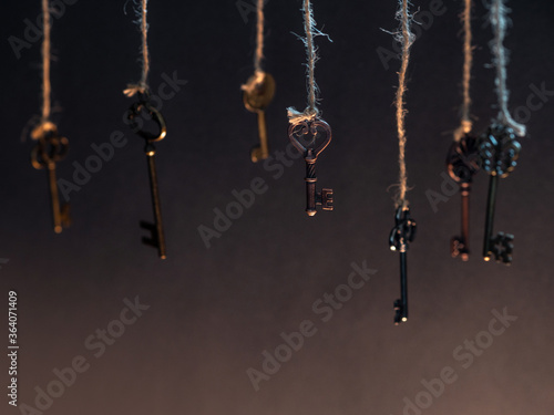 A lot of different old keys from different locks  hanging from the top on strings.