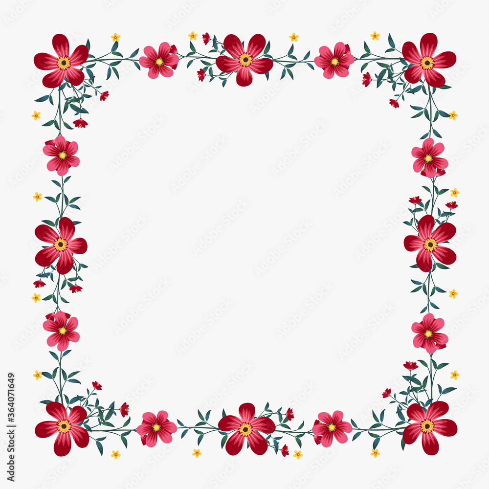 Vector peony flower square shape frame drawing, Red and pink floral wreath ivy style with branch and leaves.