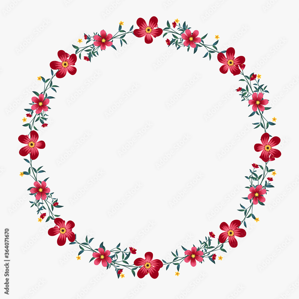 Vector peony flower circle shape frame drawing, Red and pink floral wreath ivy style with branch and leaves. Vector peony flower circle shape frame drawing, Red and pink floral wreath ivy style with branch and leaves.