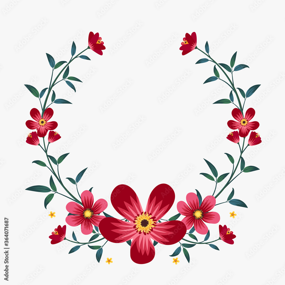 Vector peony flower circle shape frame drawing, Red and pink floral wreath ivy style with branch and leaves. Vector peony flower circle shape frame drawing, Red and pink floral wreath ivy style with branch and leaves.