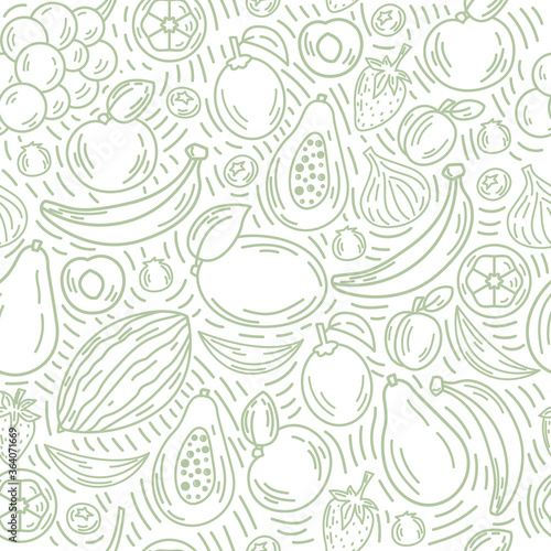 Vector fruits seamless pattern in outline style. Bright background of healthy fresh food. Ideal for poster, banner, packaging, and home decor. 