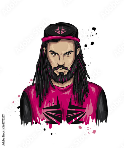 Stylish guy in a cap and with dreadlocks. Vector illustration for greeting card or poster, print on clothes. Hip-hop, rap music.