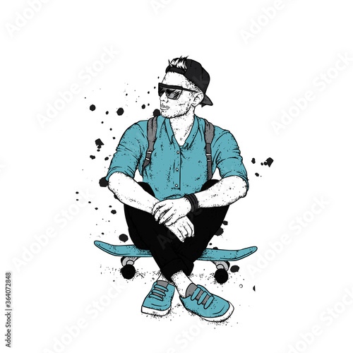 Stylish skater in jeans and sneakers. Skateboard. Vector illustration for a postcard or a poster, print for clothes. Street cultures.