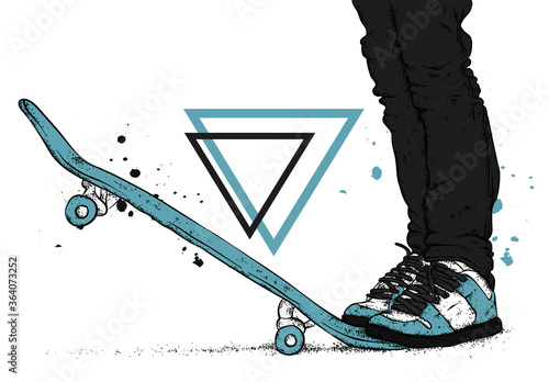 Stylish skater in jeans and sneakers. Skateboard. Vector illustration for a postcard or a poster, print for clothes. Street cultures.