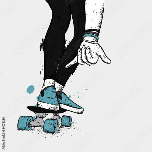 Stylish skater in jeans and sneakers. Skateboard. Vector illustration for a postcard or a poster, print for clothes. Street cultures.