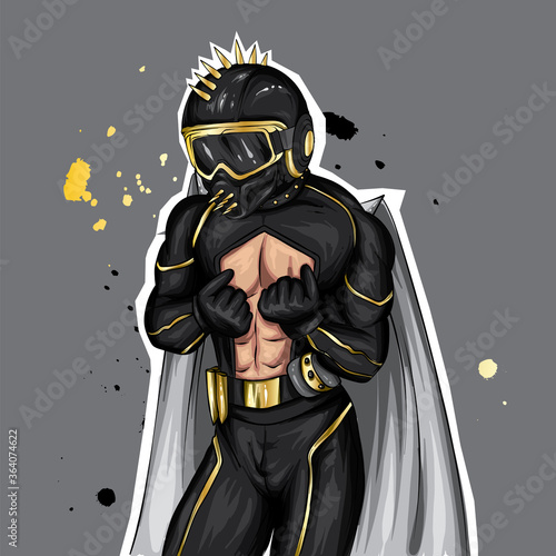 Athletic guy in a superhero costume and a helmet with spikes. Inflated man in fashionable clothes. Fashion and style, sport. Vector illustration for oktyrka or poster, print on clothes.