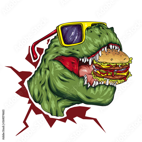 Dinosaur. Bright vector illustration. Cartoon reptile. Tyrannosaur. Print on clothes, drawing for postcards. Hipster. Fast Food, Burger.