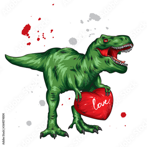 Dinosaur. Bright vector illustration. Cartoon reptile. Tyrannosaur. Print on clothes, drawing for postcards. Hipster. Valentine's Day, love, heart.