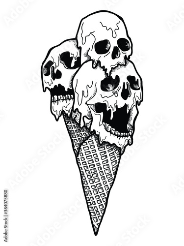 tattoo and t-shirt design black and white hand drawn ice cream skull premium vector