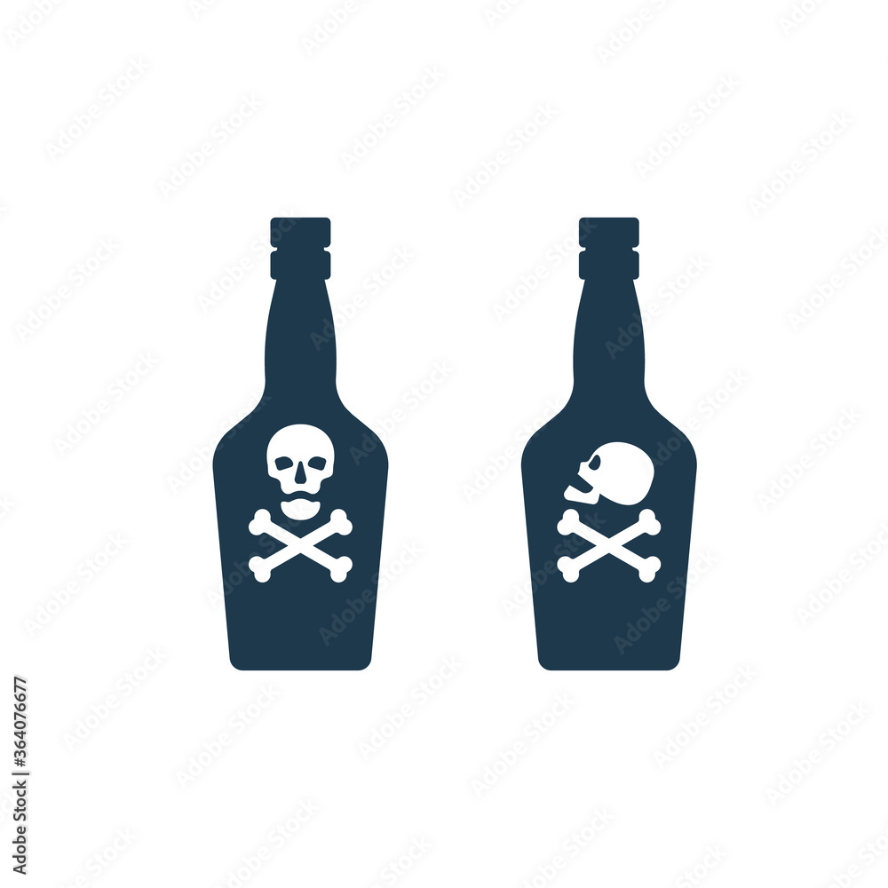 Bottle poison alcohol skull in profile and full face for concept design. Dangerous container. Potion beverage bar drink concept. Alcohol addiction icon. Venom, danger symbol. Isolated illustration Bottle poison alcohol skull in profile and full face for concept design. Dangerous container. Potion beverage bar drink concept. Alcohol addiction icon. Venom, danger symbol. Isolated illustration