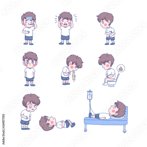 Sick boy character set. Cartoon illustration 