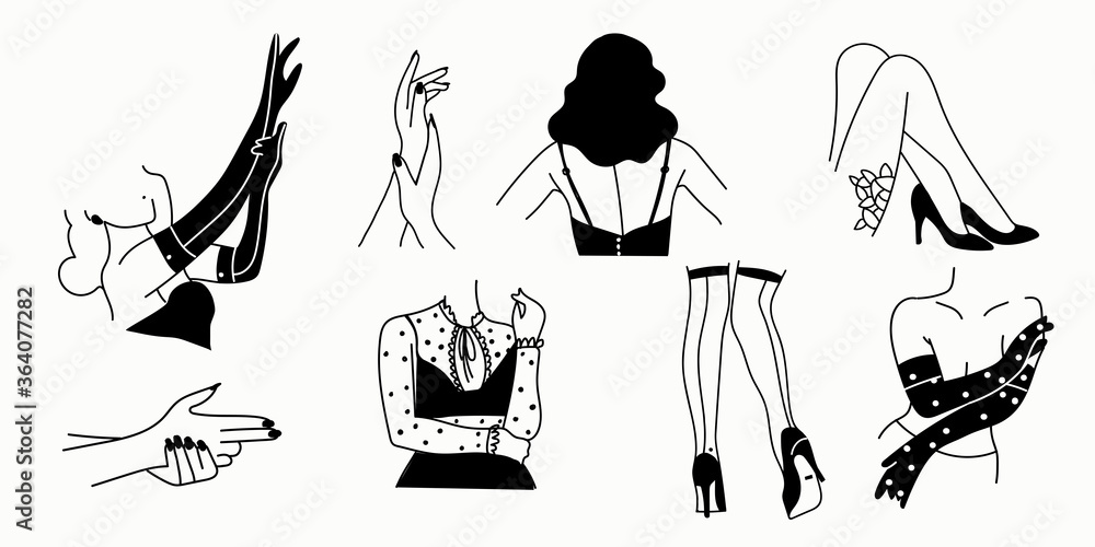 Female erotic silhouettes on a white background. The style of burlesque ...