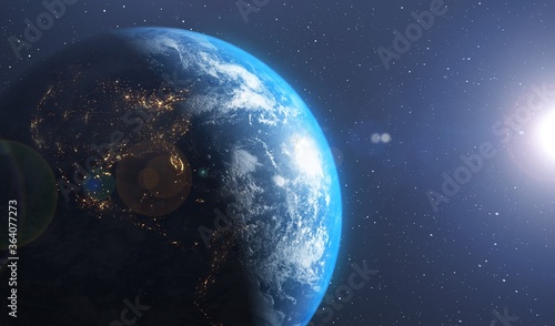 View of blue planet Earth in space. 
Earth planet viewed from space at night showing the lights of America. Earth seen from outer space or from the ISS space station. Universe star galaxy background.