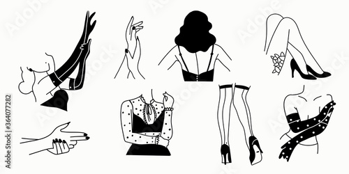 Female erotic silhouettes on a white background. The style of burlesque. Gestures of hands, feet, gloves on the hands. Nail stickers, wall stickers. Black line. Vector.