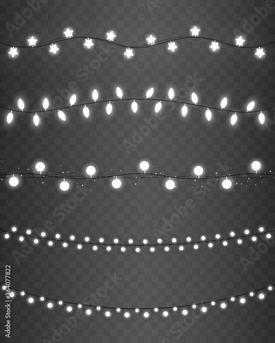 Vector set of Christmas glowing lights, festive decorations, garlands, lightbulbs. Silver lights for Xmas Holiday, New Year, greeting card, party, banner, poster, web design. Realistic design elements
