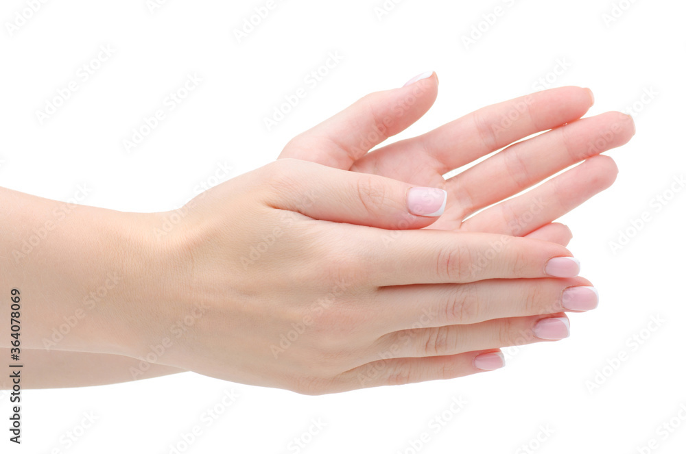 Female hand showing applause on white background isolation