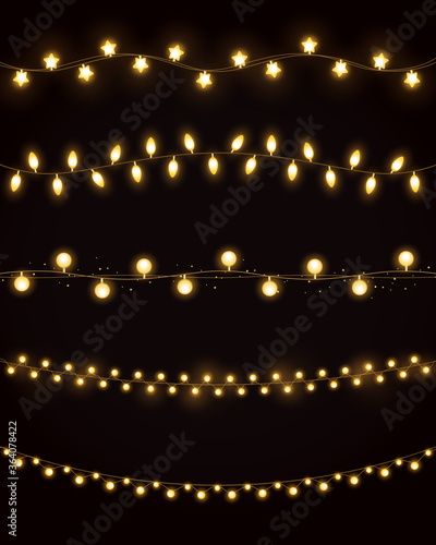 Vector set of Christmas glowing lights, festive decorations, garlands, lightbulbs. Golden lights for Xmas Holiday, New Year, greeting card, party, banner, poster, web design. Realistic design elements